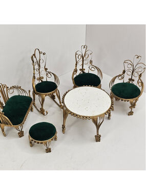 Handmade Dollhouse Miniature Furniture Set Gold Filigree Green Velvet 6 Pc